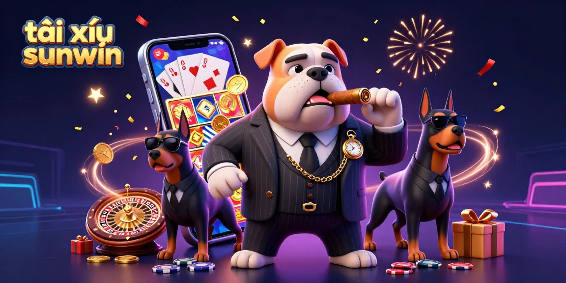 Tài xỉu sunwin gameplay illustration featuring a mafia bulldog and Doberman bodyguards with dynamic casino elements.