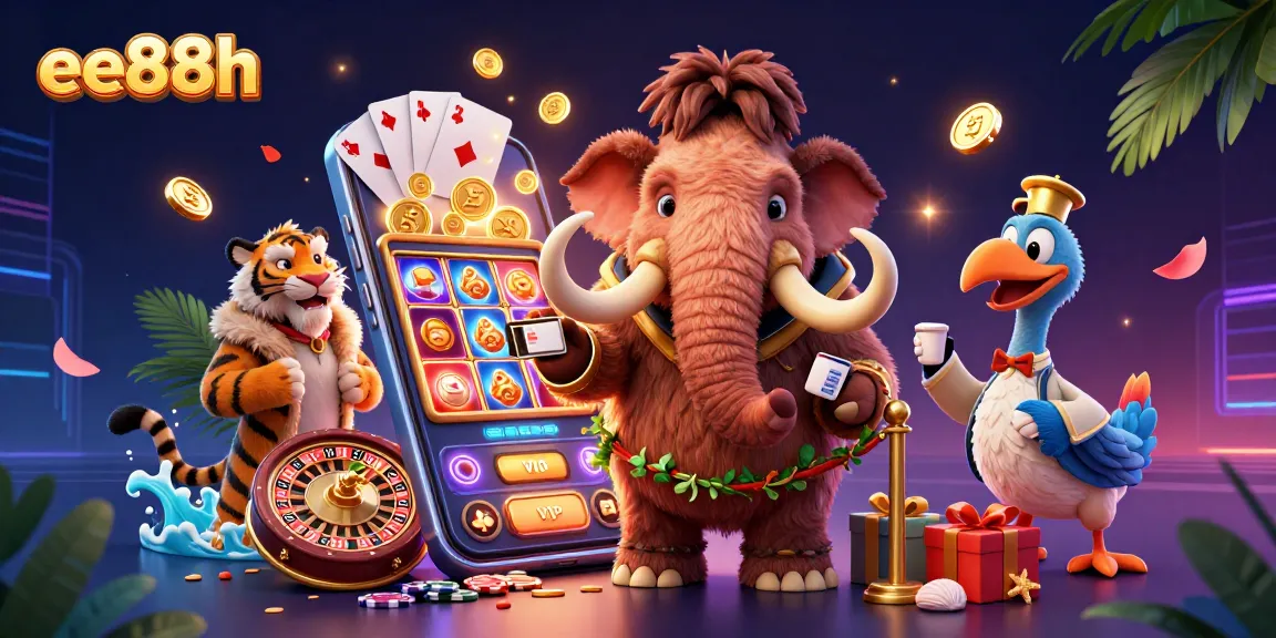 Join the exciting world of ee88h with a vibrant casino scene, featuring a mammoth bouncer and a saber-tooth tiger VIP guest.