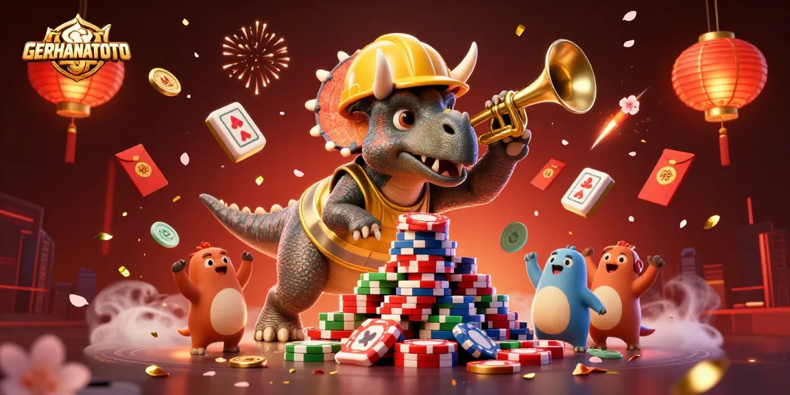 GERHANATOTO menghadirkan ilustrasi 3D ceria dengan karakter triceratops membangun tumpukan chip poker dan elemen perayaan.