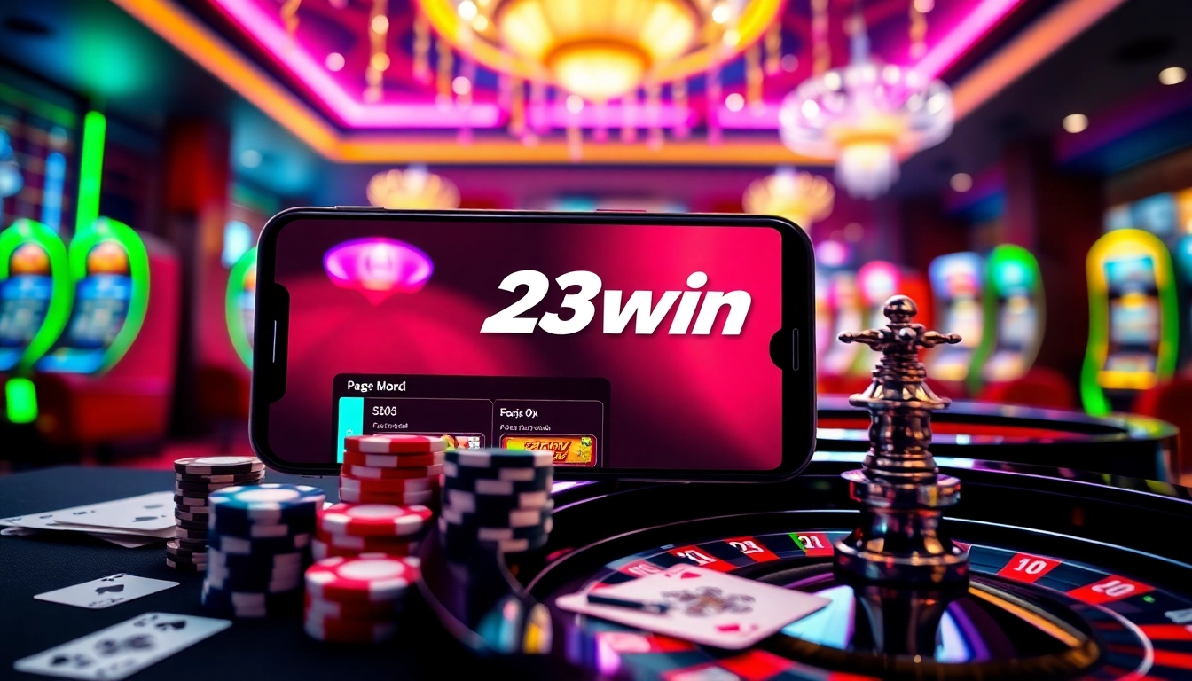 Gamble with excitement using the 23win app on a luxury smartphone surrounded by casino elements.