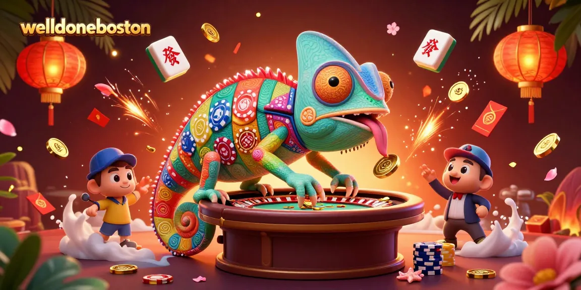 Engage with the vibrant casino scene at welldoneboston featuring a colorful chameleon owner amidst dynamic gaming elements.