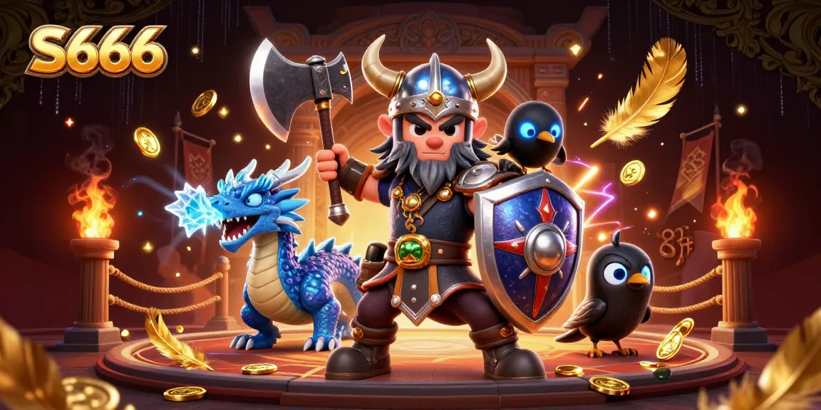 S666 gamblers experiencing memorable wins with a Viking wolf warrior and a fiery dragon in an electrifying casino atmosphere
