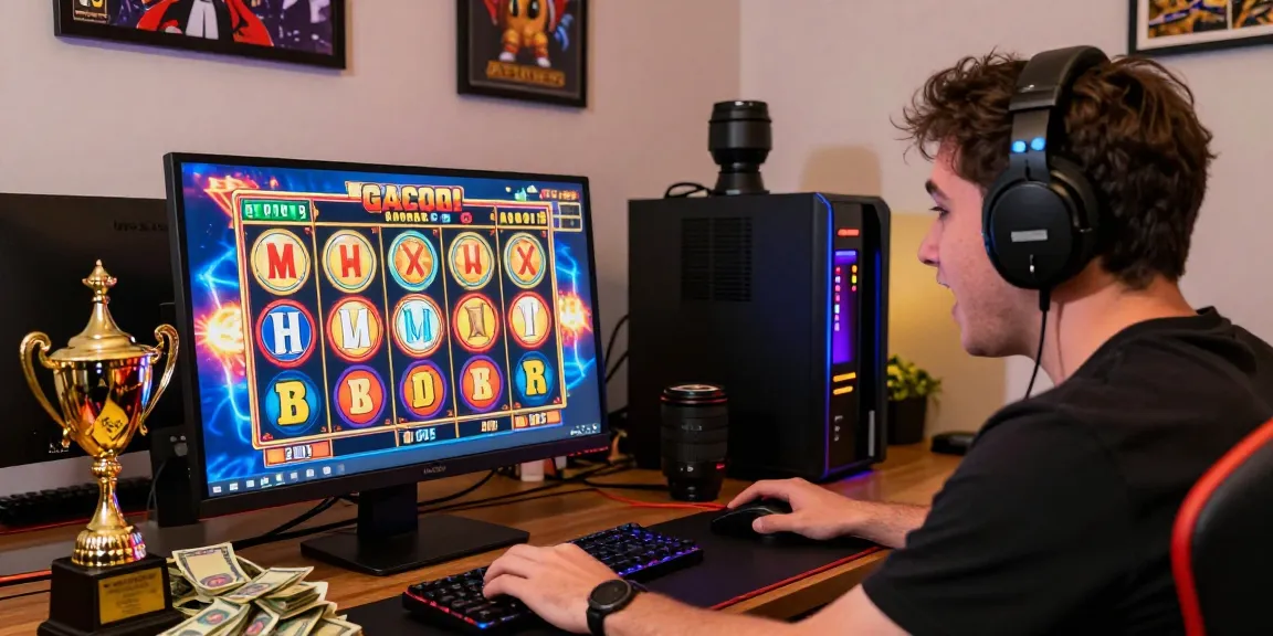 Thrilling online gambling scene showcasing a player winning on slot gacor with cash and trophy nearby.