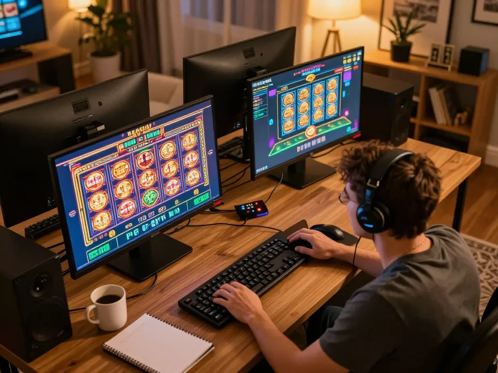 Person enjoying an online gaming session with HELLO88 on multiple screens, capturing strategic gameplay.