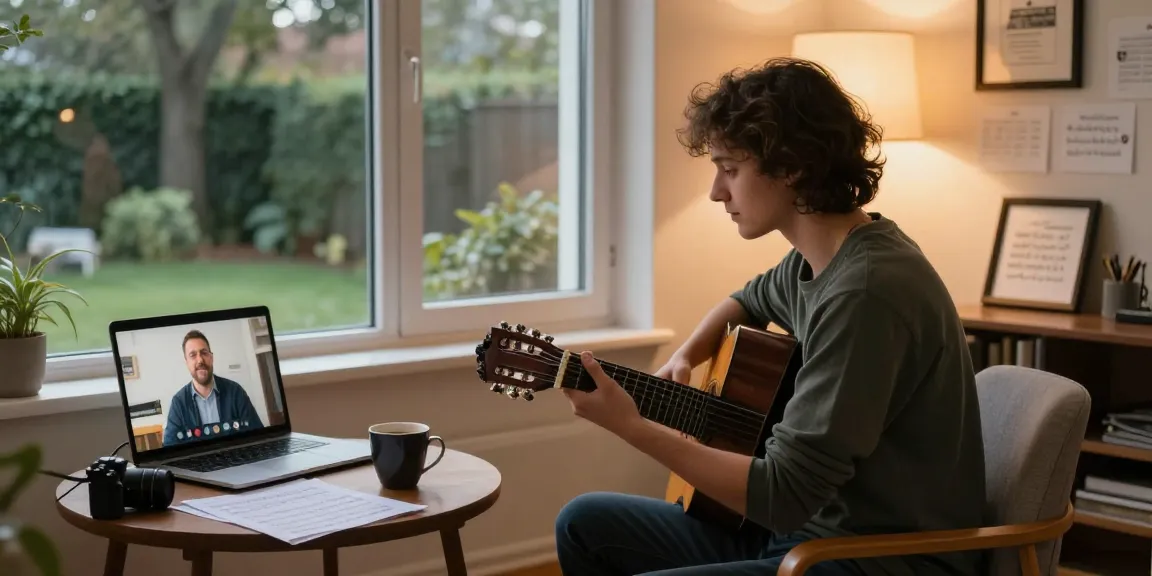Engaging Zoom guitar lessons with a certified instructor in a cozy home environment.