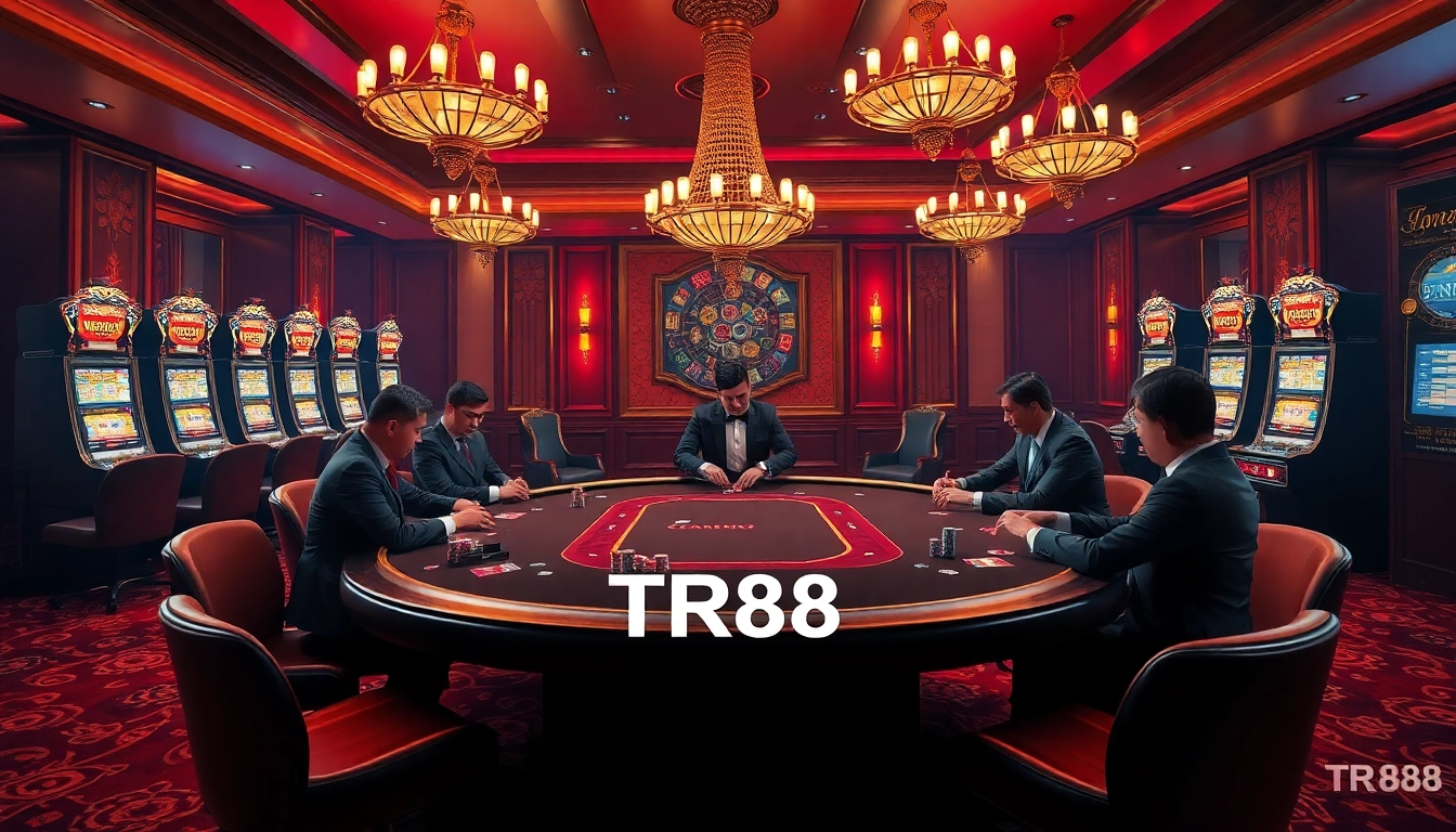 Players engaging in a strategic poker game at TR88 casino, showcasing luxury and excitement.