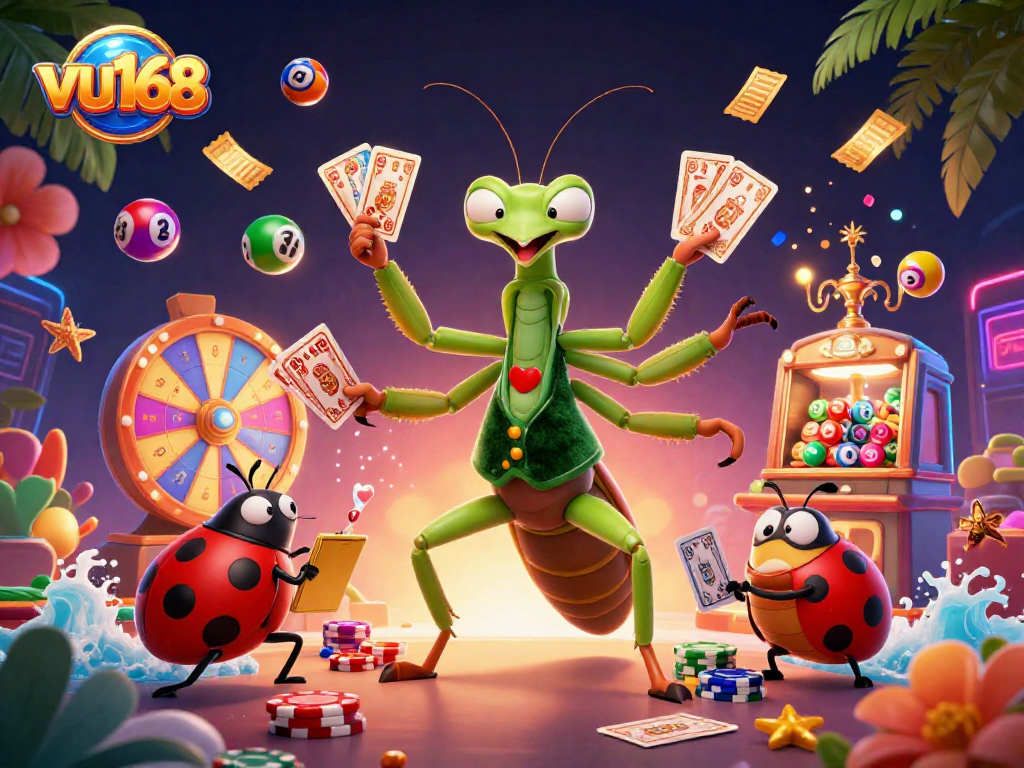 Experience the excitement of vu168 as the giant praying mantis sharp deals cards and chips in a dynamic casino scene.