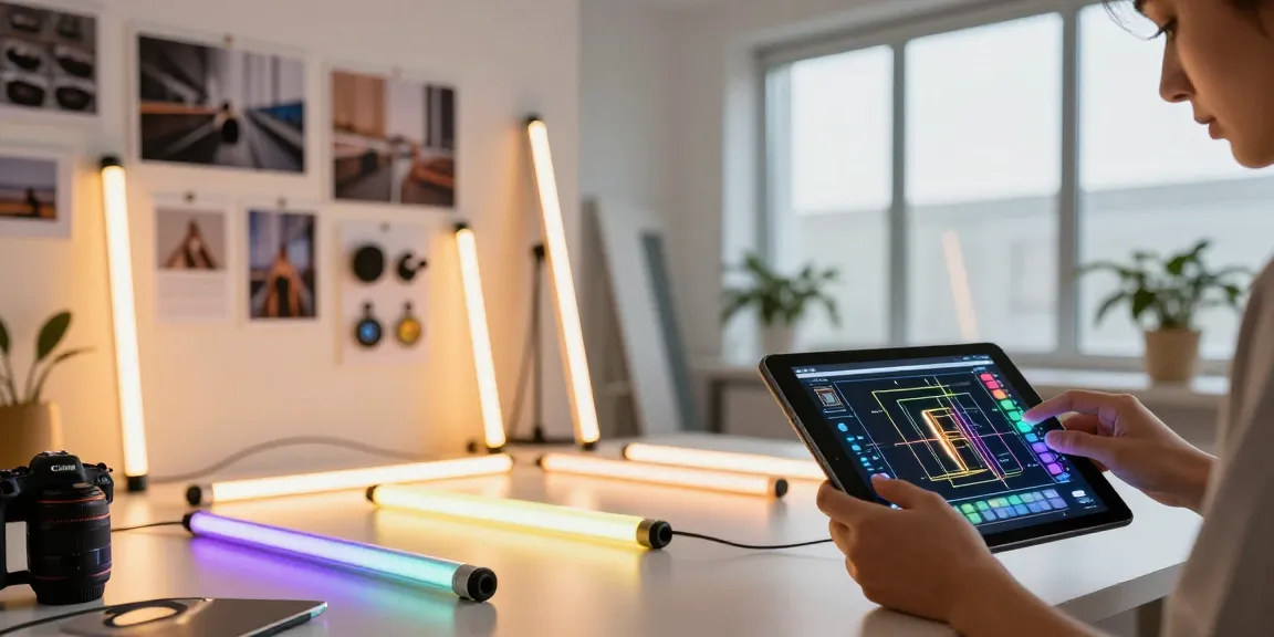Banda LED de calitate premium într-un studio de design modern cu un profesionist creativ ajustând culorile și lumina.