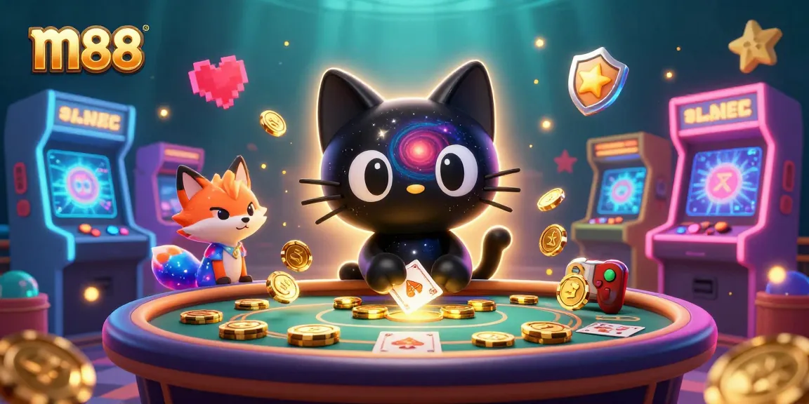 Engage in thrilling gameplay at m88 with a captivating cosmic casino scene featuring a black hole cat and colorful elements.