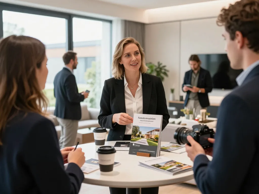 Fesselnde Immobilienpräsentation durch den Immobilienmakler Frankfurt Preungesheim bei einem Tag der offenen Tür, der moderne Häuser zeigt.