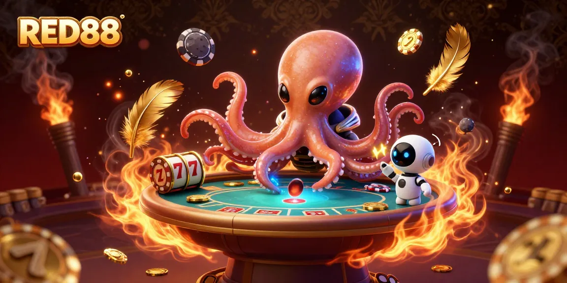 Engage with RED88 at an exciting alien casino, featuring dynamic poker action and colorful cosmic elements.