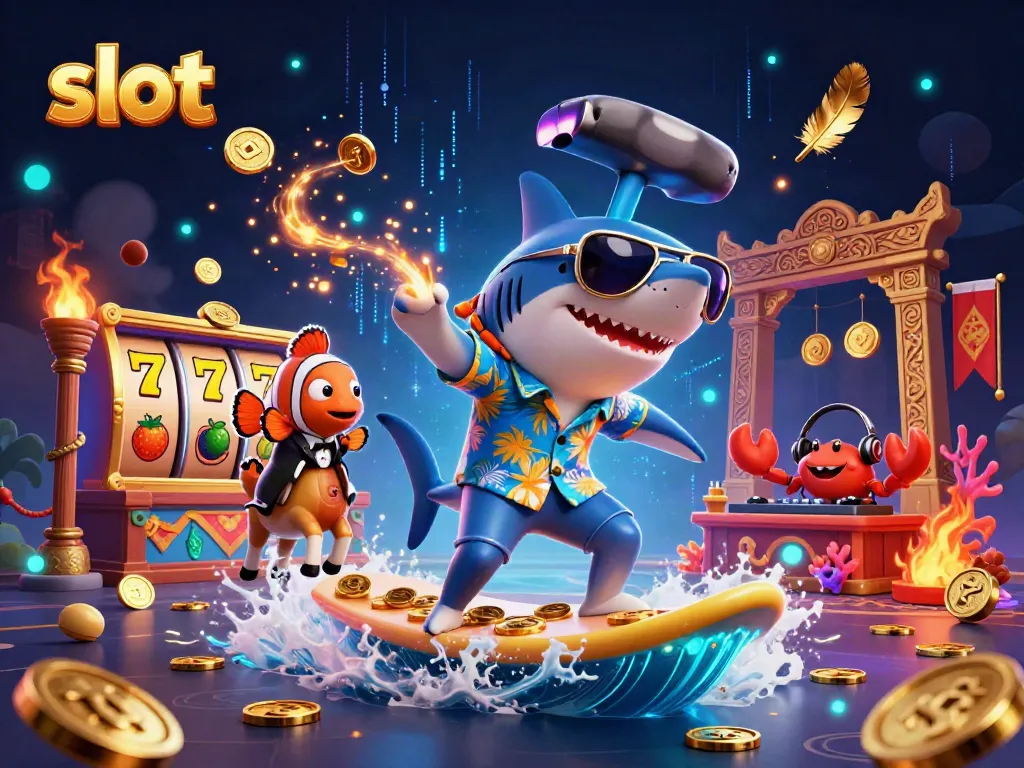 Exciting slot-themed illustration of a surfing shark and friends amidst golden coins and slot machines.