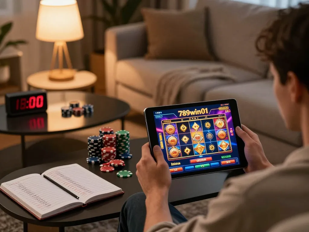 Engaging online gaming moment with 789win01 displayed on a tablet showcasing colorful slots and betting options.