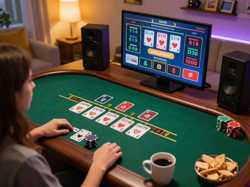 Engaging in online casino gameplay at home showcasing ทางเข้า m109 for effective betting strategies.