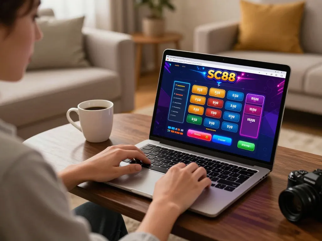 Engaging in SC88 đăng nhập for online gaming, showcasing vibrant interface and cozy setting, ideal for gameplay.