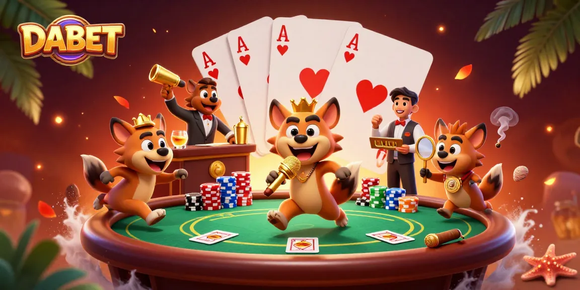 DABET showcases a vibrant casino scene with hyenas enjoying gaming, laughter, and gleaming poker chips.