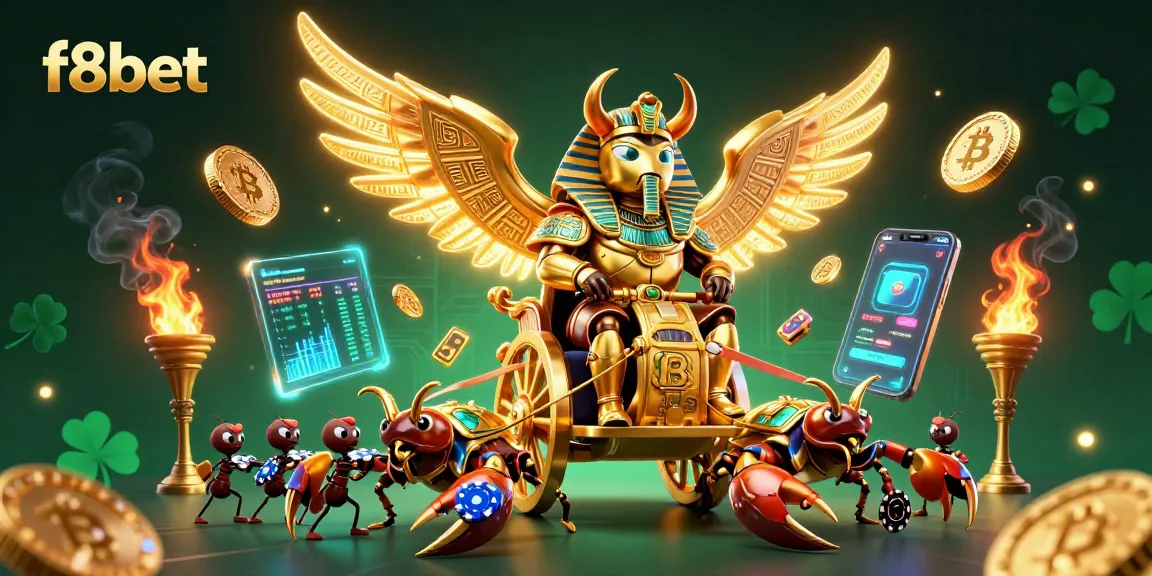 Experience the thrill of f8bet’s vibrant online casino with an illustrated golden chariot scene.