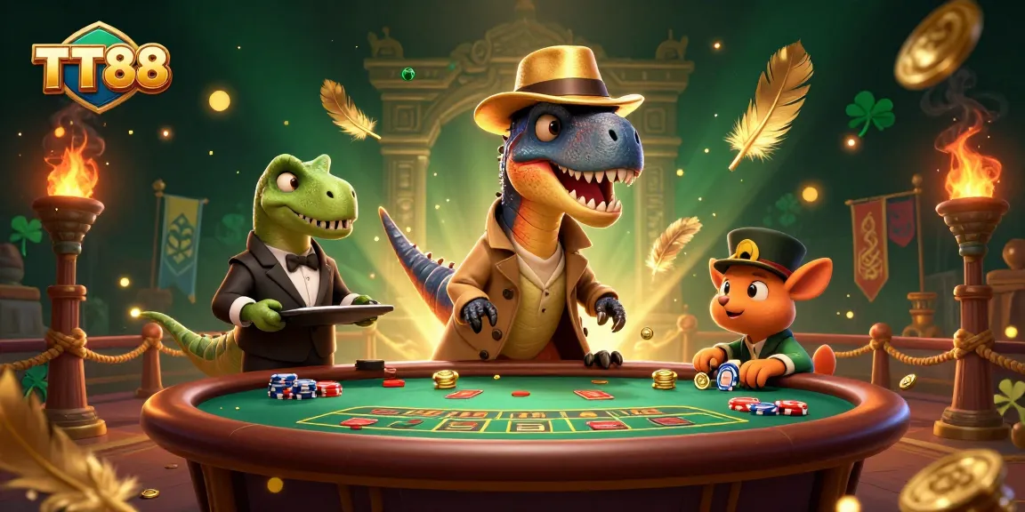 TT88 casino scene depicting a velociraptor card counter at blackjack, with chips being sneakily grabbed.