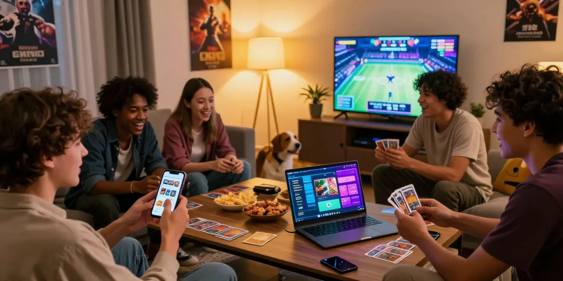 Teman bermain game 68gb secara online di ruang tamu dengan suasana hangat dan penuh energik.