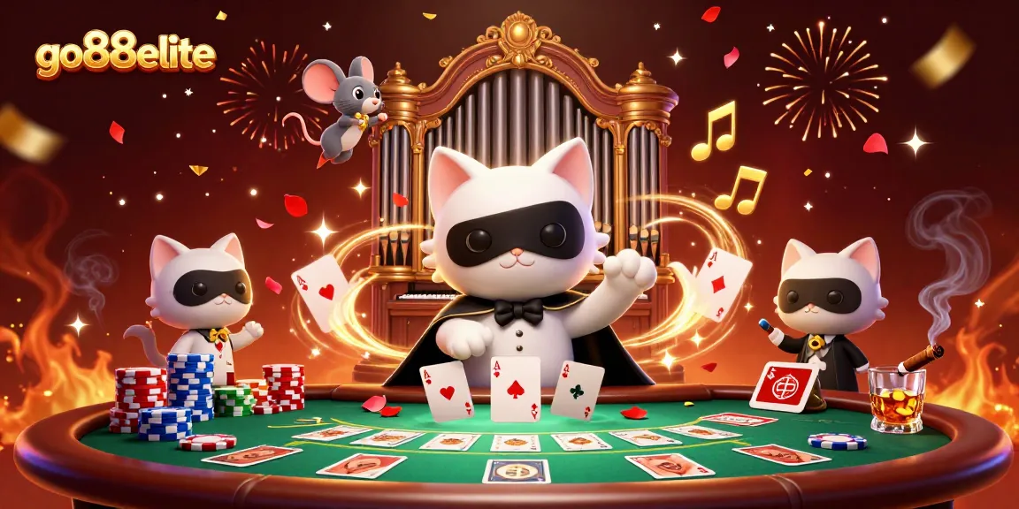 go88elite showcases vibrant casino action with a charming cat and acrobat amidst poker chaos.