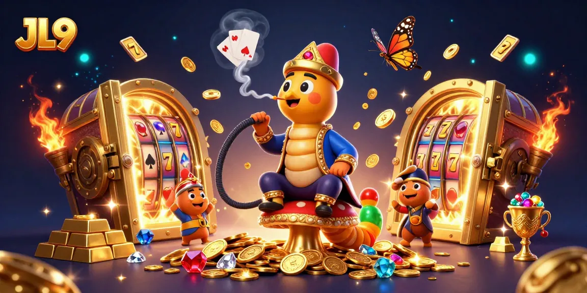 JL9 showcases a vibrant 3D casino scene with a caterpillar hookah-master amidst gold and gems.