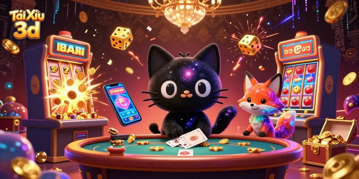 Tài Xỉu 3d game illustration showcasing a cosmic table with a black hole cat, vibrant casino elements, and jackpot excitement.