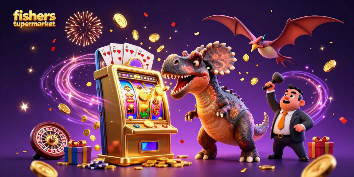 fishersupermarket showcases a pachycephalosaurus headbutting a slot machine for a jackpot