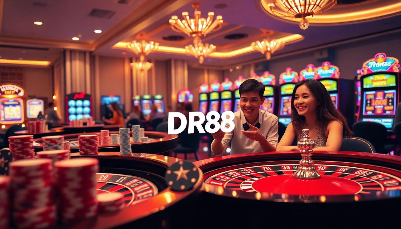 Tải DR88 app interface displayed in a luxurious casino setting with vibrant slot machines.