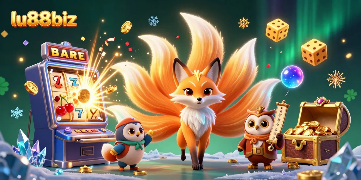 Experience the vibrant casino world of lu88biz with a glowing nine-tailed fox, wise owl, and dynamic slot elements