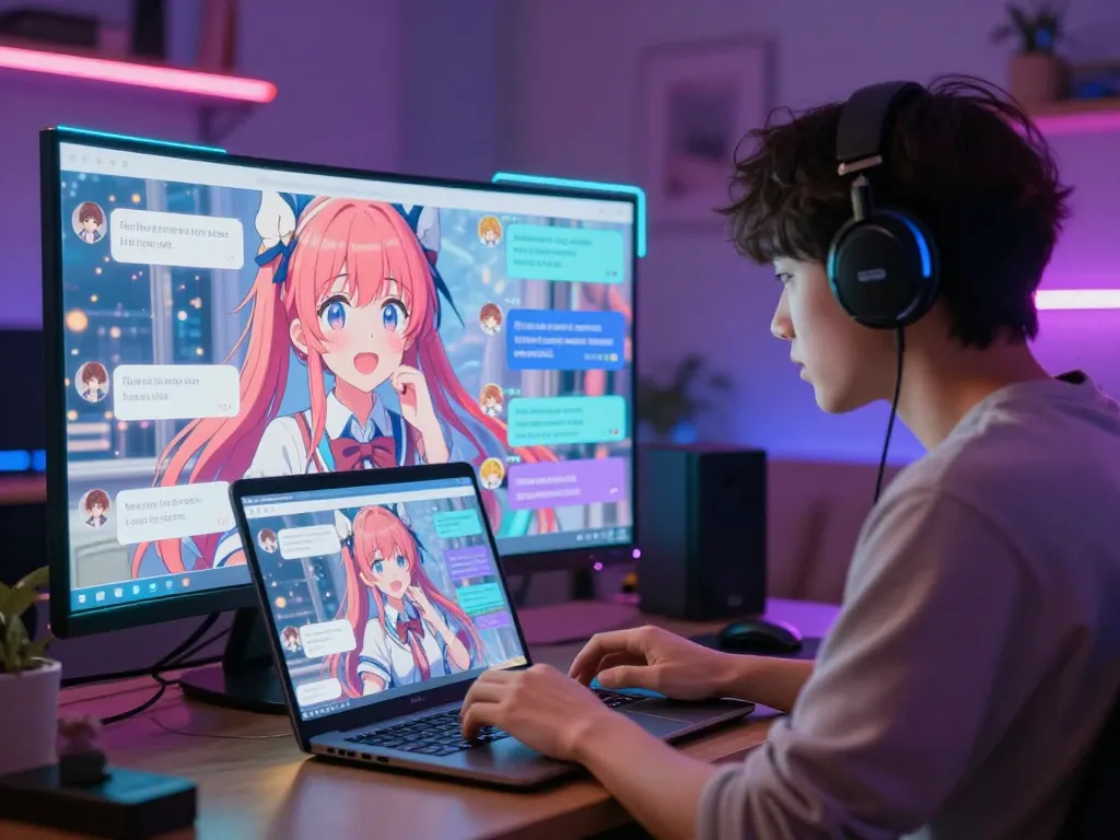 Engaging scene of hentai AI chat featuring an anime character with vibrant visuals and neon lighting.