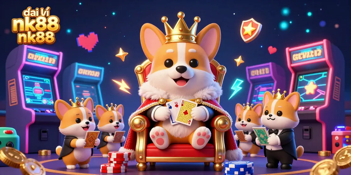 Engage with the vibrant scene of đại lý nk88 nk88 featuring a royal corgi on poker chips surrounded by gaming elements.
