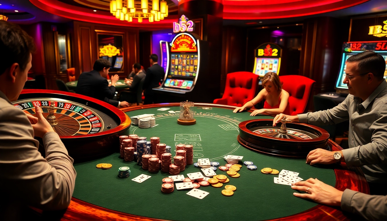Engaging scene at a b52 casino with players at blackjack and roulette tables.