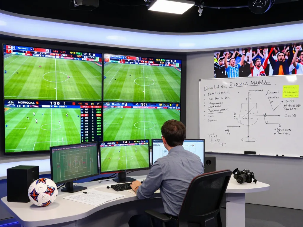 Football scores and match analysis using NOWGOAL in a vibrant sports studio.