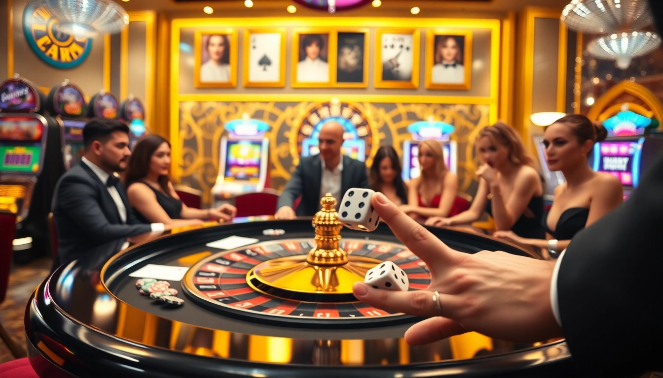 Experience the thrill of go88 gaming at a luxurious casino with vibrant slot machines and a roulette table.