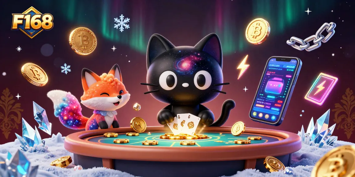 F168 casino experience with a 3D cartoon black hole cat and colorful nebula fox, engaging in cosmic card games.