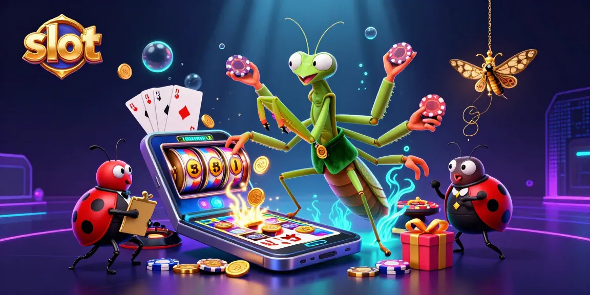 Engage in thrilling slot action with a praying mantis card sharp and ladybug pit boss amidst vibrant casino elements.