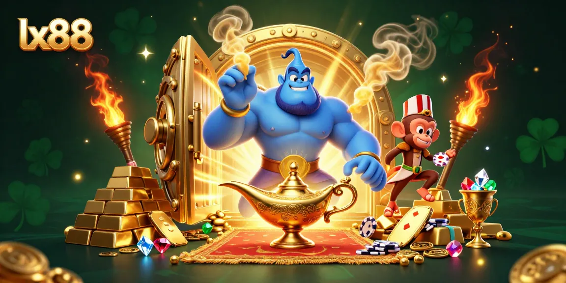 Engage with lx88's vibrant 3D cartoon scene featuring a genie, monkey, and poker chips.