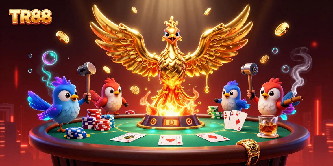 Experience thrilling gameplay with TR88 as a molten phoenix drops gold coins amidst poker elements in this vibrant illustration.