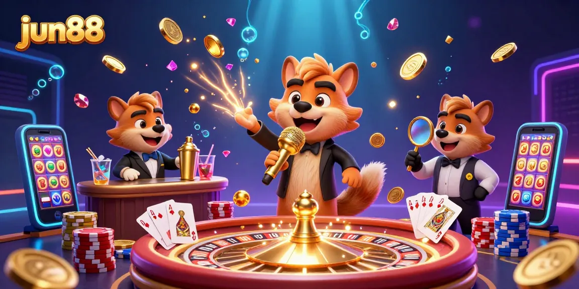 Join the fun at jun88 casino with hyenas in a comedy club surrounded by gold coins and vibrant gaming elements.
