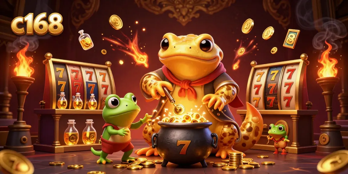 Experience the excitement of c168 with a dynamic casino-themed illustration showcasing alchemical transformations and gaming elements.