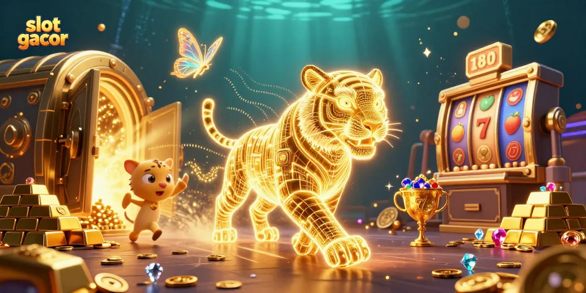 Experience the thrill of slot gacor with a vibrant scene of a golden tiger in a digital casino landscape.