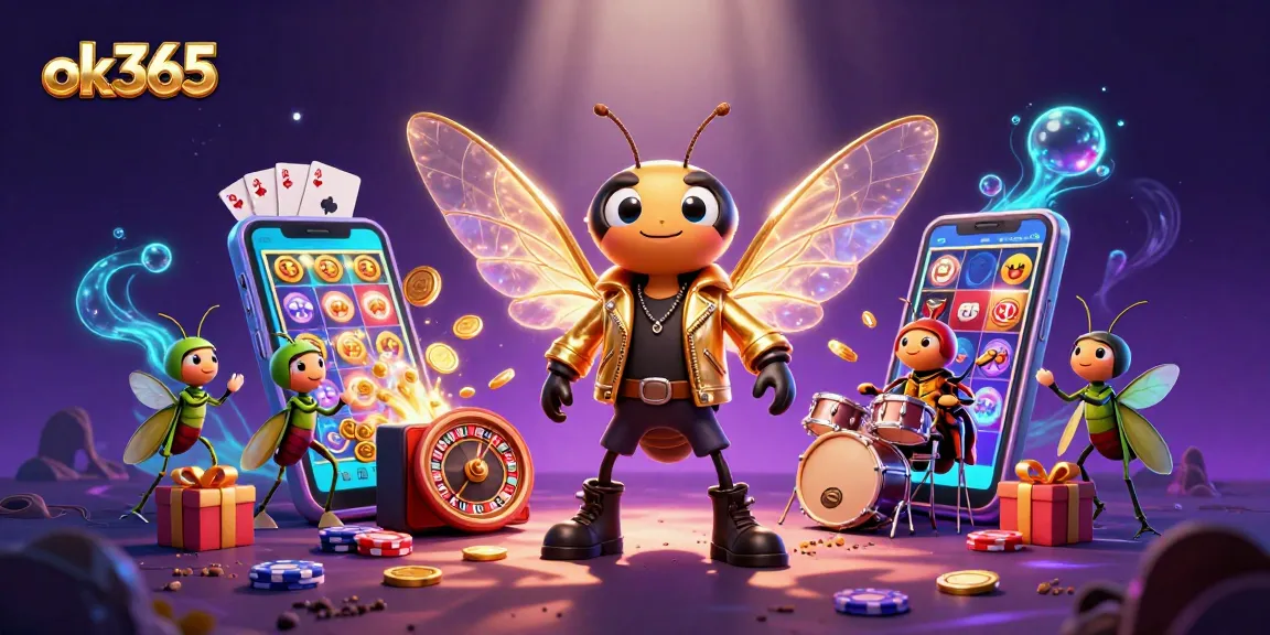 Experience the thrill of ok365 gaming with a vibrant 3D casino illustration filled with animated slot symbols and characters.