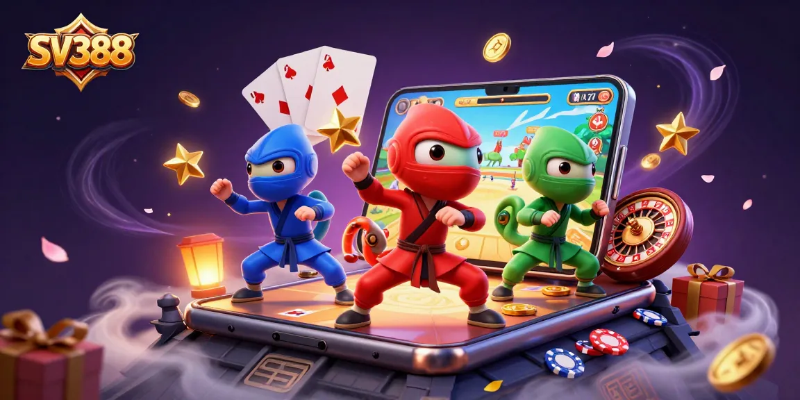 SV388 showcases a vibrant, dynamic illustration of ninja chameleons in a cockfighting arena, emphasizing thrilling gameplay.