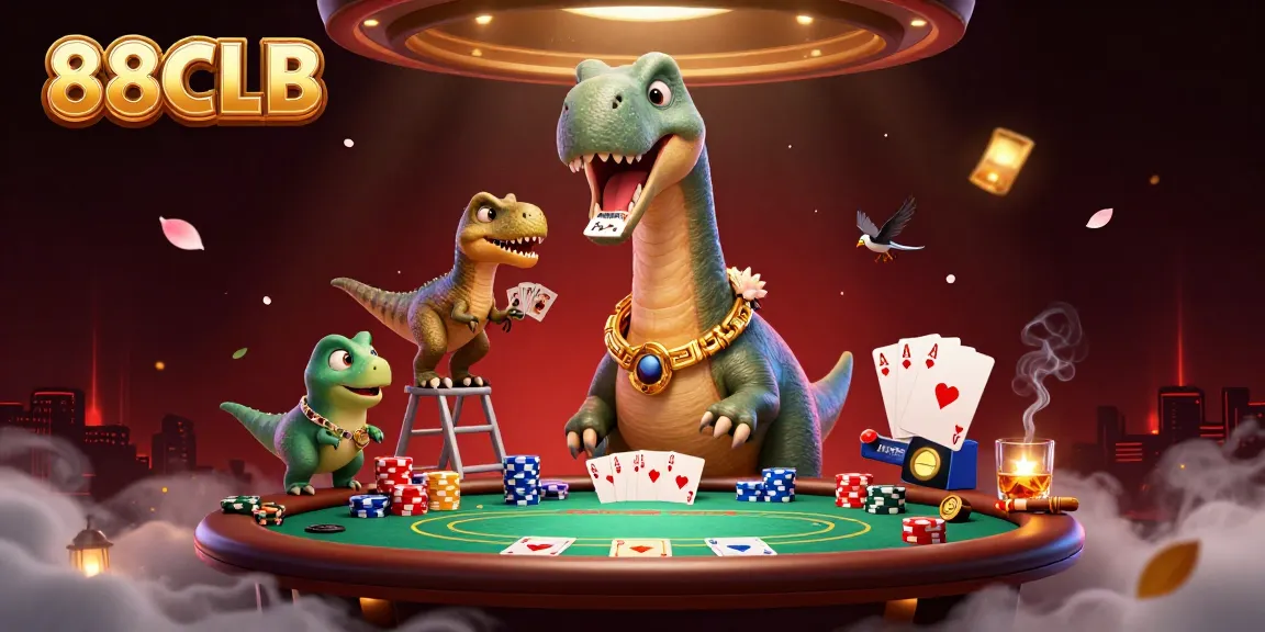 88CLB showcases a whimsical casino scene with a dinosaur poker dealer and vibrant chips.
