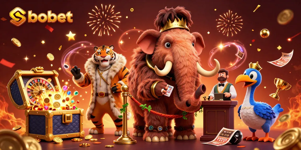 Bet with sbobet at a vibrant casino scene featuring a mammoth bouncer and sports betting elements.