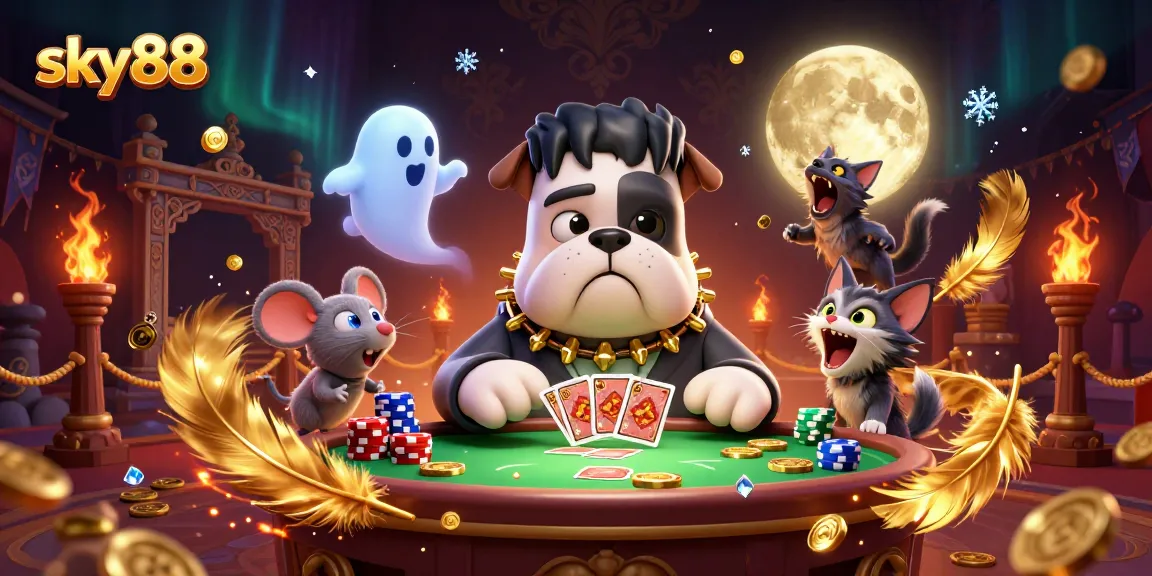 Experience thrilling moments at sky88 with a Frankenstein bulldog dealing cards surrounded by spooky casino elements