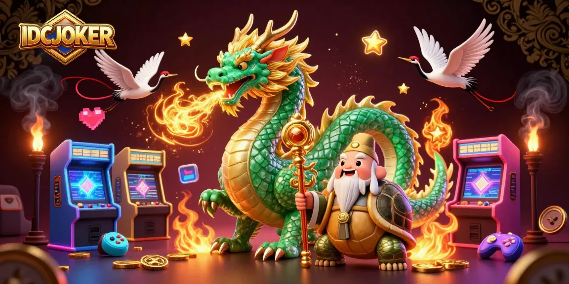 IDCJOKER showcases a vibrant 3D illustration of a jade dragon and a wise turtle in a dynamic casino gaming scene.