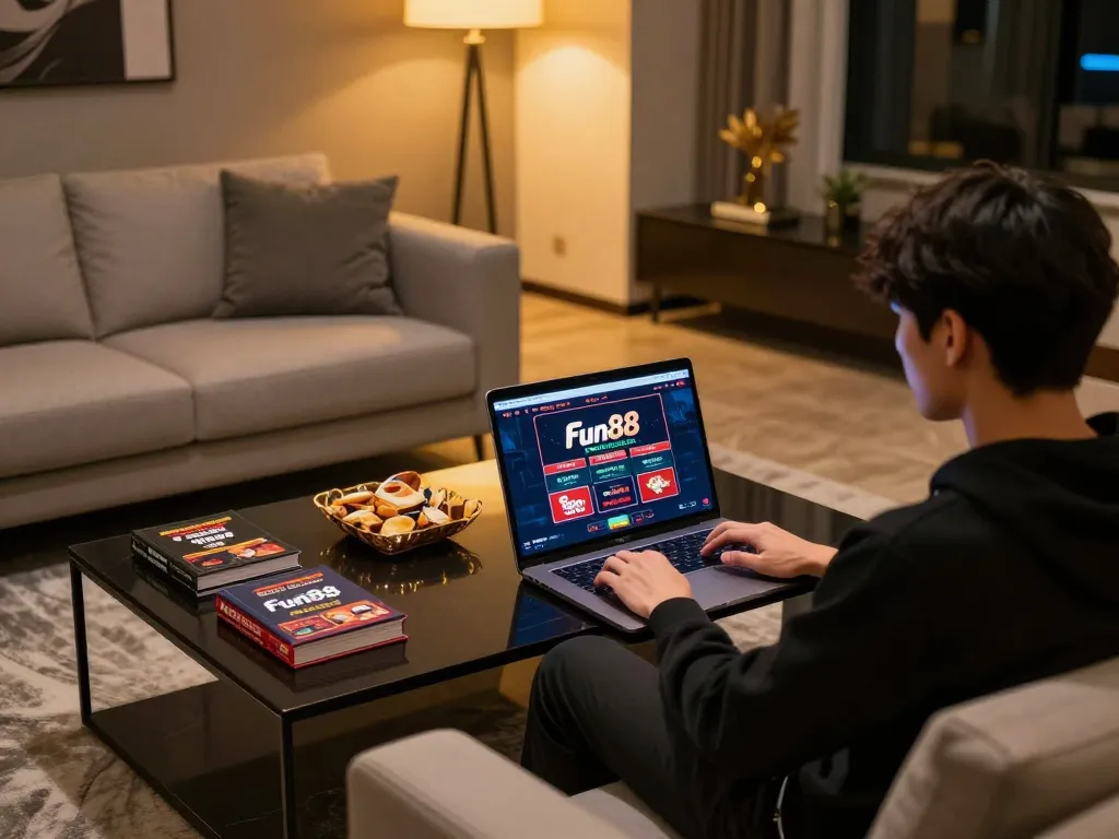 Fun88 user engaged in online casino gameplay on laptop with cozy atmosphere and snacks