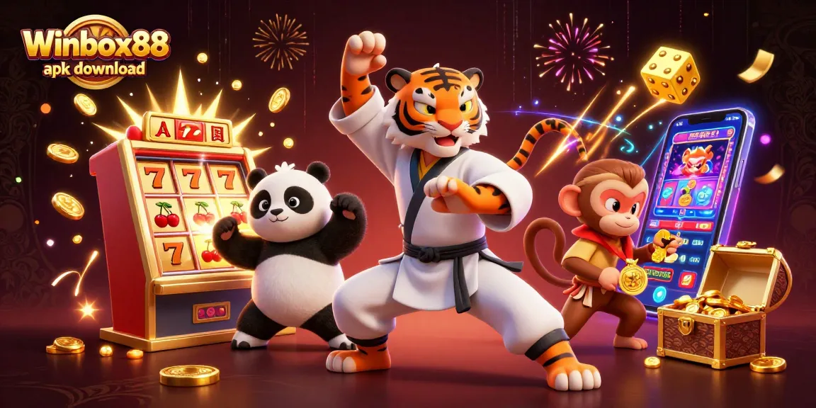 Winbox88 apk download highlights an exciting casino scene with a kung fu tiger, panda, and monkey, celebrating wins.