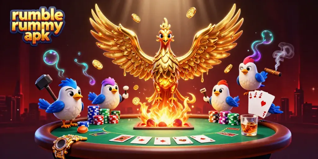 Experience the excitement of Rumble Rummy APK with our 3D golden phoenix and poker elements in a vibrant casino scene.